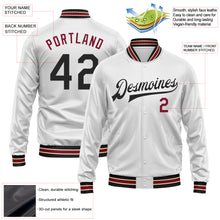 Laden Sie das Bild in den Galerie-Viewer, Custom White Black-Crimson Bomber Full-Snap Varsity Faux Leather Letterman Jacket