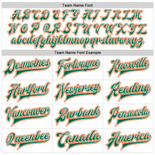 Laden Sie das Bild in den Galerie-Viewer, Custom White Kelly Green-Orange Bomber Full-Snap Varsity Faux Leather Letterman Jacket