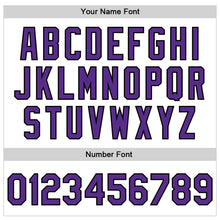 Laden Sie das Bild in den Galerie-Viewer, Custom White Purple-Black Bomber Full-Snap Varsity Faux Leather Letterman Jacket