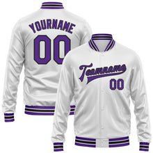 Laden Sie das Bild in den Galerie-Viewer, Custom White Purple-Black Bomber Full-Snap Varsity Faux Leather Letterman Jacket