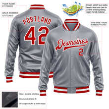Load image into Gallery viewer, Custom Gray Red-White Bomber Full-Snap Varsity Faux Leather Letterman Jacket