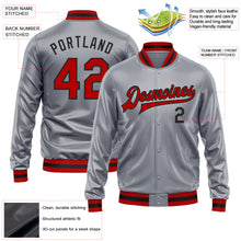 Load image into Gallery viewer, Custom Gray Red-Black Bomber Full-Snap Varsity Faux Leather Letterman Jacket