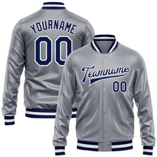 Load image into Gallery viewer, Custom Gray Navy-White Bomber Full-Snap Varsity Faux Leather Letterman Jacket