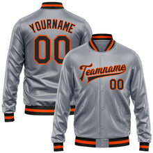Load image into Gallery viewer, Custom Gray Black-Orange Bomber Full-Snap Varsity Faux Leather Letterman Jacket