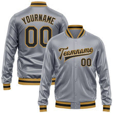 Load image into Gallery viewer, Custom Gray Black-Old Gold Bomber Full-Snap Varsity Faux Leather Letterman Jacket