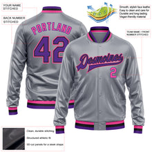 Charger l'image dans la galerie, Custom Gray Purple Pink-Black Bomber Full-Snap Varsity Faux Leather Letterman Jacket