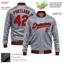 Load image into Gallery viewer, Custom Gray Red-Black Bomber Full-Snap Varsity Faux Leather Letterman Jacket