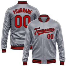 Load image into Gallery viewer, Custom Gray Red-Black Bomber Full-Snap Varsity Faux Leather Letterman Jacket