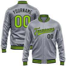 Load image into Gallery viewer, Custom Gray Neon Green-Black Bomber Full-Snap Varsity Faux Leather Letterman Jacket