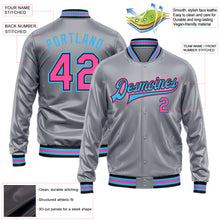 Load image into Gallery viewer, Custom Gray Pink Sky Blue-Black Bomber Full-Snap Varsity Faux Leather Letterman Jacket