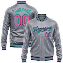 Load image into Gallery viewer, Custom Gray Pink Aqua-Black Bomber Full-Snap Varsity Faux Leather Letterman Jacket