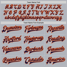 Load image into Gallery viewer, Custom Gray Navy-Orange Bomber Full-Snap Varsity Faux Leather Letterman Jacket