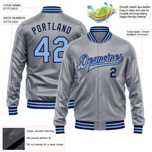 Load image into Gallery viewer, Custom Gray Light Blue-Navy Bomber Full-Snap Varsity Faux Leather Letterman Jacket