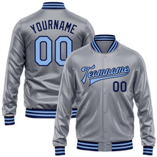 Load image into Gallery viewer, Custom Gray Light Blue-Navy Bomber Full-Snap Varsity Faux Leather Letterman Jacket