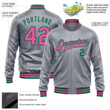 Load image into Gallery viewer, Custom Gray Pink-Kelly Green Bomber Full-Snap Varsity Faux Leather Letterman Jacket