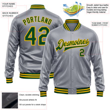 Load image into Gallery viewer, Custom Gray Green-Gold Bomber Full-Snap Varsity Faux Leather Letterman Jacket