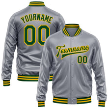 Load image into Gallery viewer, Custom Gray Green-Gold Bomber Full-Snap Varsity Faux Leather Letterman Jacket