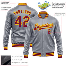 Load image into Gallery viewer, Custom Gray Crimson-Gold Bomber Full-Snap Varsity Faux Leather Letterman Jacket