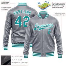 Load image into Gallery viewer, Custom Gray Teal-White Bomber Full-Snap Varsity Faux Leather Letterman Jacket