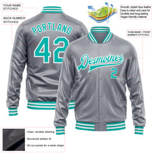 Load image into Gallery viewer, Custom Gray Aqua-White Bomber Full-Snap Varsity Faux Leather Letterman Jacket