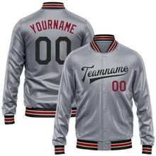 Load image into Gallery viewer, Custom Gray Black-Crimson Bomber Full-Snap Varsity Faux Leather Letterman Jacket