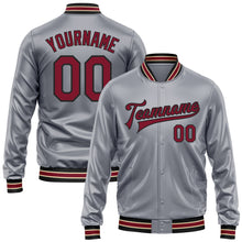 Load image into Gallery viewer, Custom Gray Crimson-Black Bomber Full-Snap Varsity Faux Leather Letterman Jacket