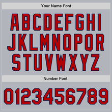 Load image into Gallery viewer, Custom Gray Red-Navy Bomber Full-Snap Varsity Faux Leather Letterman Jacket