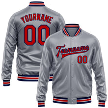Load image into Gallery viewer, Custom Gray Red-Navy Bomber Full-Snap Varsity Faux Leather Letterman Jacket