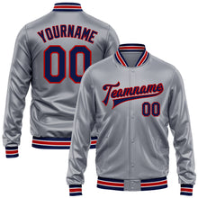 Load image into Gallery viewer, Custom Gray Navy-Red Bomber Full-Snap Varsity Faux Leather Letterman Jacket