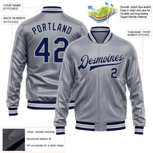 Load image into Gallery viewer, Custom Gray Navy-Gray Bomber Full-Snap Varsity Faux Leather Letterman Jacket