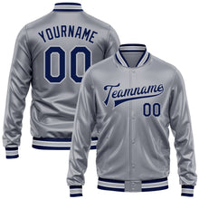 Load image into Gallery viewer, Custom Gray Navy-Gray Bomber Full-Snap Varsity Faux Leather Letterman Jacket