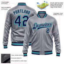 Load image into Gallery viewer, Custom Gray Navy-Teal Bomber Full-Snap Varsity Faux Leather Letterman Jacket