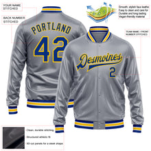 Load image into Gallery viewer, Custom Gray Royal-Yellow Bomber Full-Snap Varsity Faux Leather Letterman Jacket
