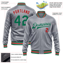 Load image into Gallery viewer, Custom Gray Kelly Green-Red Bomber Full-Snap Varsity Faux Leather Letterman Jacket