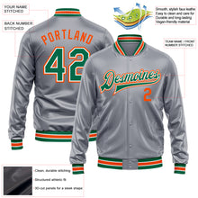 Load image into Gallery viewer, Custom Gray Kelly Green Orange-White Bomber Full-Snap Varsity Faux Leather Letterman Jacket