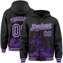 Load image into Gallery viewer, Custom Black Purple-White Splash Art 3D Pattern Design Bomber Full-Snap Varsity Letterman Hoodie Jacket