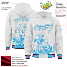 Load image into Gallery viewer, Custom White Sky Blue Black-Pink Splash Art 3D Pattern Design Bomber Full-Snap Varsity Letterman Hoodie Jacket