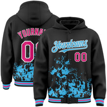 Load image into Gallery viewer, Custom Black Hot Pink Sky Blue-White Splash Art 3D Pattern Design Bomber Full-Snap Varsity Letterman Hoodie Jacket