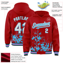 Load image into Gallery viewer, Custom Red White Sky Blue Black-Pink Splash Art 3D Pattern Design Bomber Full-Snap Varsity Letterman Hoodie Jacket