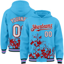 Load image into Gallery viewer, Custom Sky Blue White-Red Splash Art 3D Pattern Design Bomber Full-Snap Varsity Letterman Hoodie Jacket