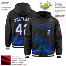 Load image into Gallery viewer, Custom Black White-Thunder Blue Splash Art 3D Pattern Design Bomber Full-Snap Varsity Letterman Hoodie Jacket