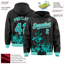 Load image into Gallery viewer, Custom Black Aqua-White Splash Art 3D Pattern Design Bomber Full-Snap Varsity Letterman Hoodie Jacket