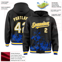 Load image into Gallery viewer, Custom Black White Thunder Blue Yellow-Royal Splash Art 3D Pattern Design Bomber Full-Snap Varsity Letterman Hoodie Jacket