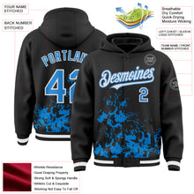 Charger l'image dans la galerie, Custom Black Powder Blue-White Splash Art 3D Pattern Design Bomber Full-Snap Varsity Letterman Hoodie Jacket