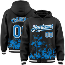 Charger l'image dans la galerie, Custom Black Powder Blue-White Splash Art 3D Pattern Design Bomber Full-Snap Varsity Letterman Hoodie Jacket