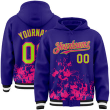 Load image into Gallery viewer, Custom Dark Purple Neon Green Hot Pink Black-White Splash Art 3D Pattern Design Bomber Full-Snap Varsity Letterman Hoodie Jacket