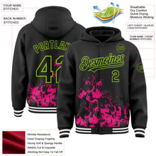 Load image into Gallery viewer, Custom Black Hot Pink Neon Green-White Splash Art 3D Pattern Design Bomber Full-Snap Varsity Letterman Hoodie Jacket