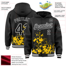 Load image into Gallery viewer, Custom Black Yellow-White Splash Art 3D Pattern Design Bomber Full-Snap Varsity Letterman Hoodie Jacket