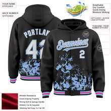 Load image into Gallery viewer, Custom Black White Light Blue-Pink Splash Art 3D Pattern Design Bomber Full-Snap Varsity Letterman Hoodie Jacket
