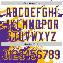 Load image into Gallery viewer, Custom White Purple-Gold Splash Art 3D Pattern Design Bomber Full-Snap Varsity Letterman Hoodie Jacket